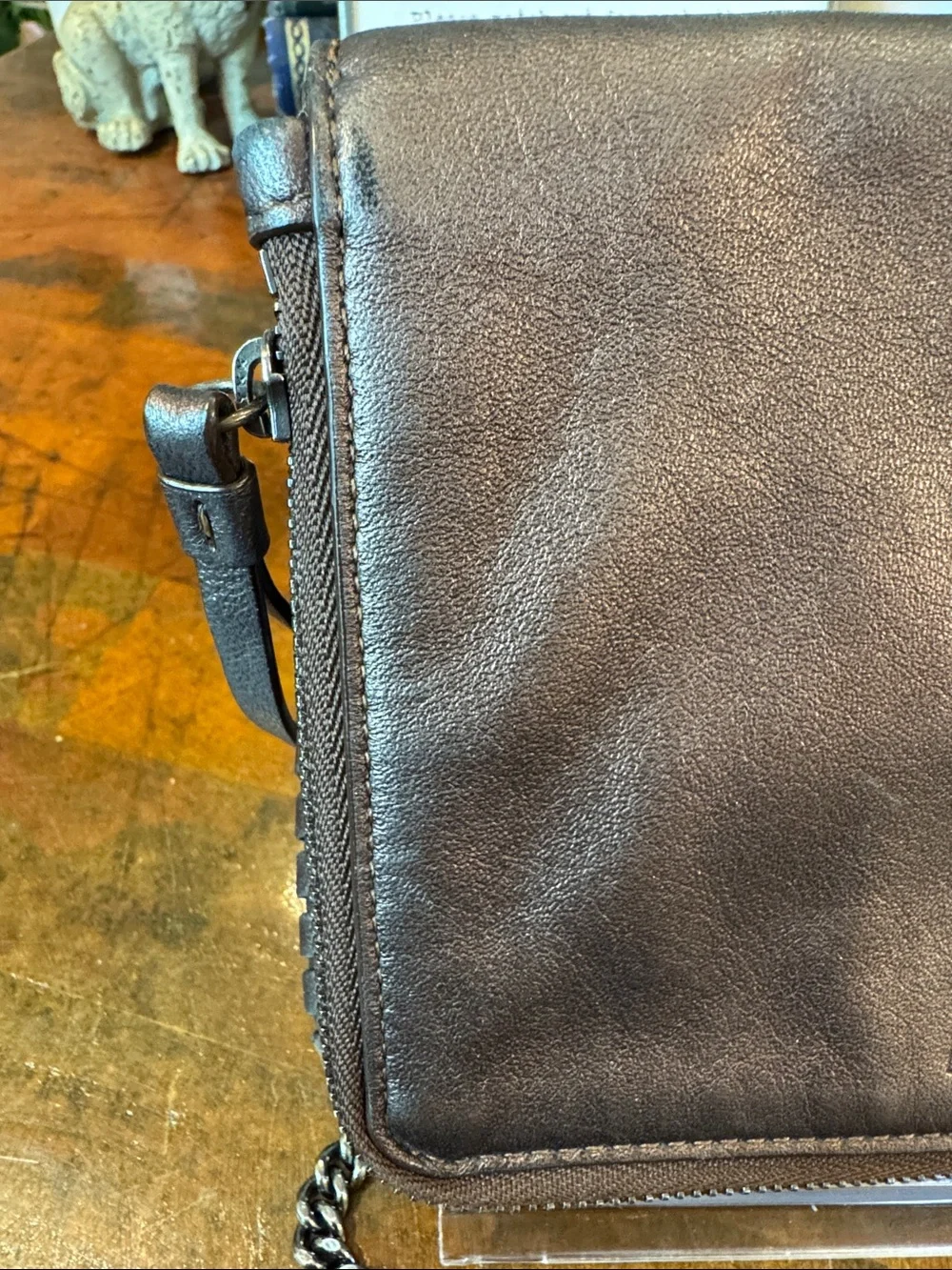 AllSaints Bronze Leather Crossbody Bag with Gunmetal Chain